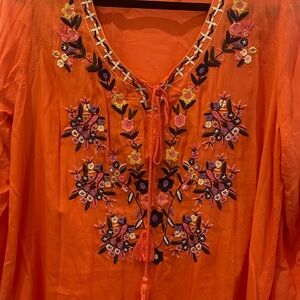 Gibson Orange Embellished Tunic with Tie Front
